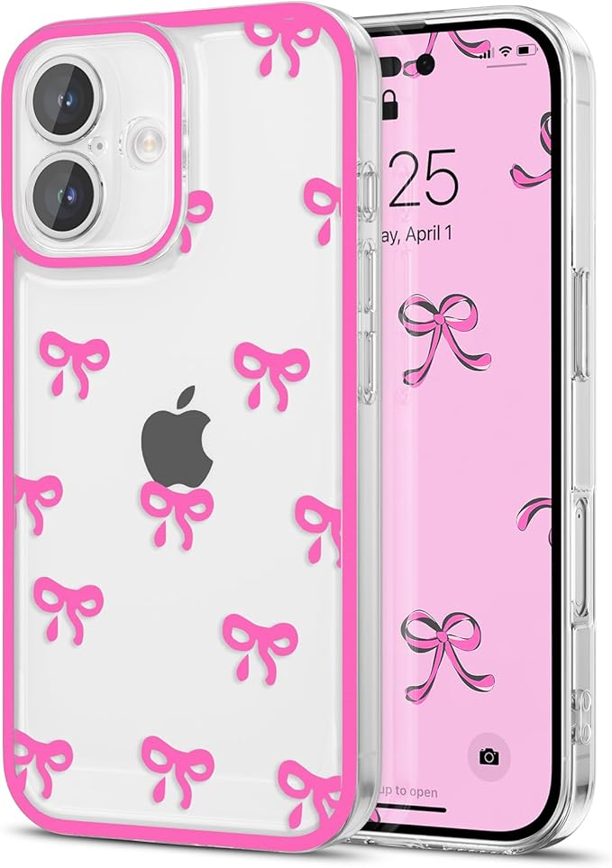 EYZUTAK Case for iPhone 17, Clear Cute Ribbon Bowknot Pattern Aesthetic Transparent Phone Case Raised Camera Protection Stylish Slim Soft Durable TPU Protective Cover for Women Girls - Rose Red