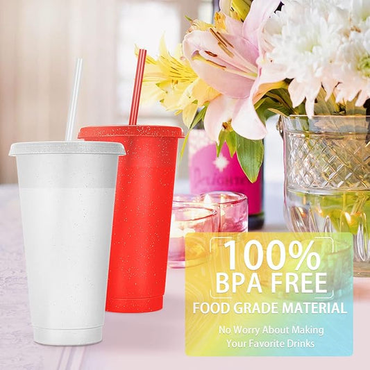 Honeydak 30 Pack Tumbler with Straw and Lid Bulk Glitter Plastic Cups Water Bottle Iced Coffee Travel Mug Reusable Party Favor Cups for Birthdays travel 24-27 oz (Glitter)