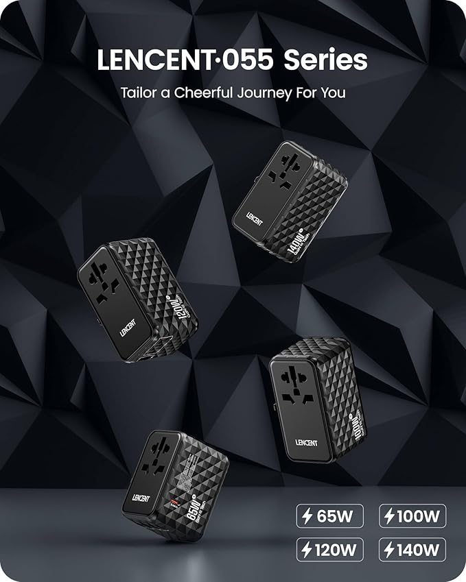 LENCENT 65W Universal Travel Adapter, GaN International Fast Charger 2 USB-A & 2 USB-C Power Plug Converter, Power Outlet Adapter for Phones,Laptops, All in One Travel Essentials for EU/USA/UK/AU