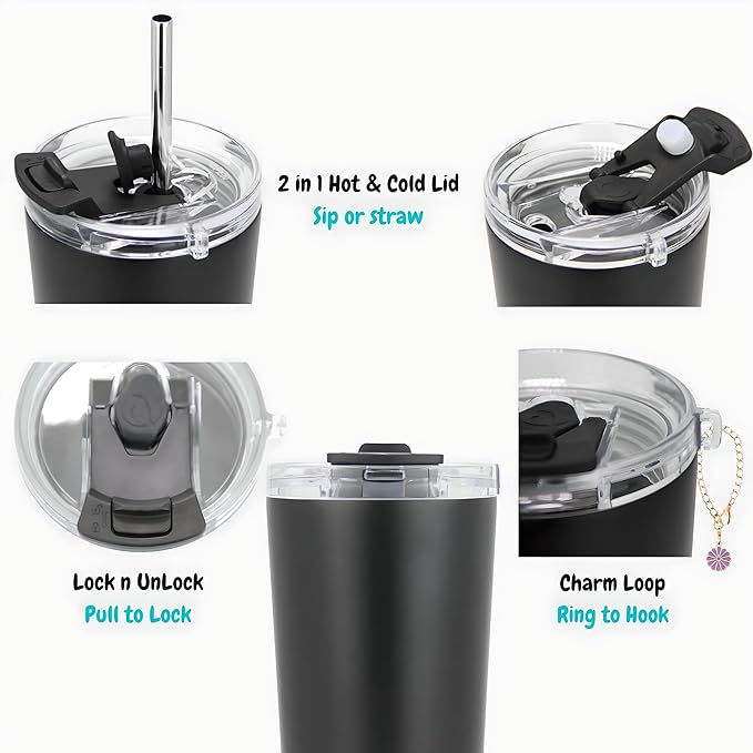 Drinco - 20 oz Stainless Steel Tumbler | Double Walled Vacuum Insulated Mug With Lid, 2 Straws, For Hot & Cold Drinks (20oz Black, 20oz)