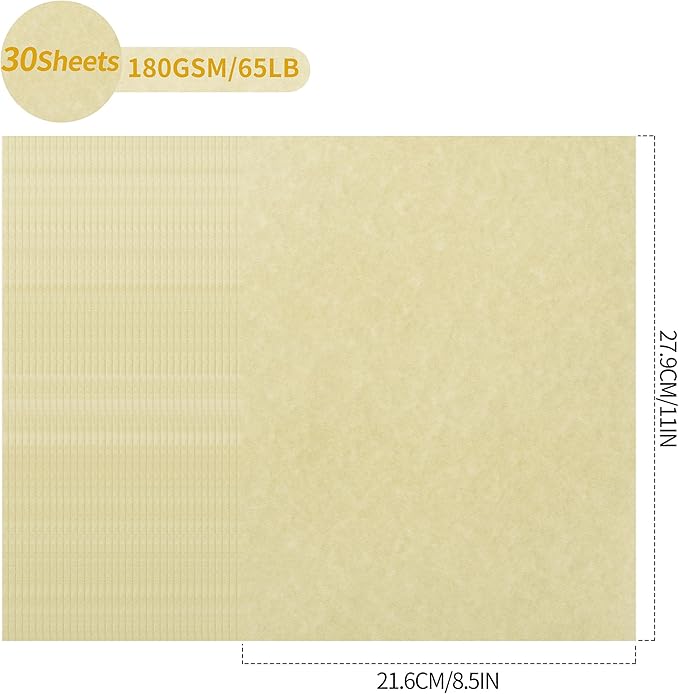 30 Sheets Parchment Paper - Grayish Yellow 8.5” x 11” Letter Size Parchment Card Stock 65lb Heavyweight Paper Thick Vintage Paper for Certificate, Crafts, Business Cards, Invitations PAP04GY