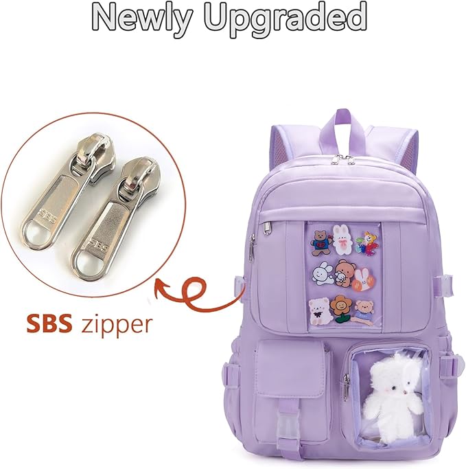 Kawaii Backpack for Teen Girls, Cute Aesthetic High Middle School College Bookbag with Accessories,Light Purple