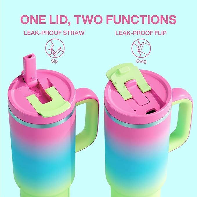 40 oz Tumbler with Handle and Straw: Stainless Steel Insulated Tumbler Keeps Cold for 24 Hours, Leakproof Travel Cup Fits in Cup Holder and BPA-Free, Lime Sorbet