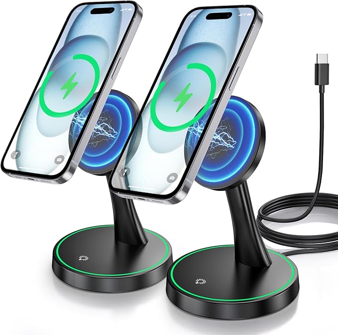 2 Pack Magnetic Wireless Charger Stand 15W Fast Mag-Safe Charger for iPhone iPhone 17/17 pro/ 17 Air/ 17 pro max 16/15/14/13/12 Series Magnet Wireless Charging Station with Light for AirPods