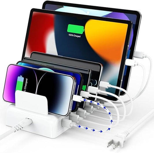 Charging Station for Multiple Devices, Honcila 50w 6 Port Fast Charger Stations for iPhone, iPad, Cell Phone, Tablet, Multi Device Charging Dock Organizer with 6 Mixed Charging Cables
