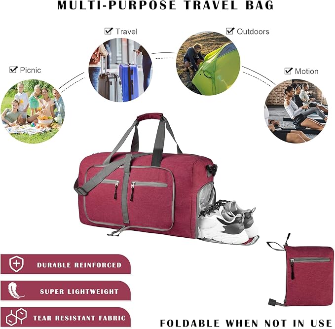 Dimayar 85L Travel Duffle Bag for Men Women - Foldable Duffel Bag with Shoes Compartment - Overnight Bags Waterproof & Tear Resistant(Red)