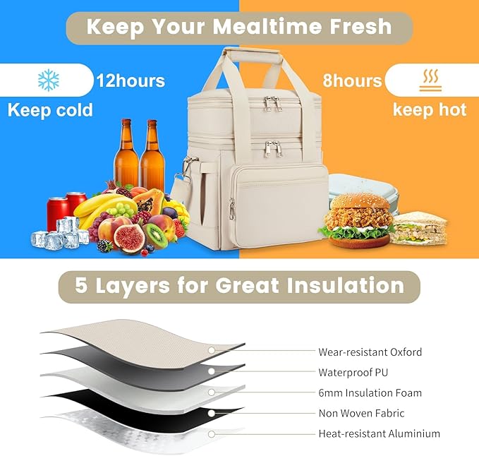 Insulated Lunch Bag & Lunch Box for Women - Double Deck Reusable Lunch Bag for men Tote Cooler Bag Leakproof Soft Expandable - Large Lunchbox for Work/Adult/Picnic/Outdoor (Cream，15L)