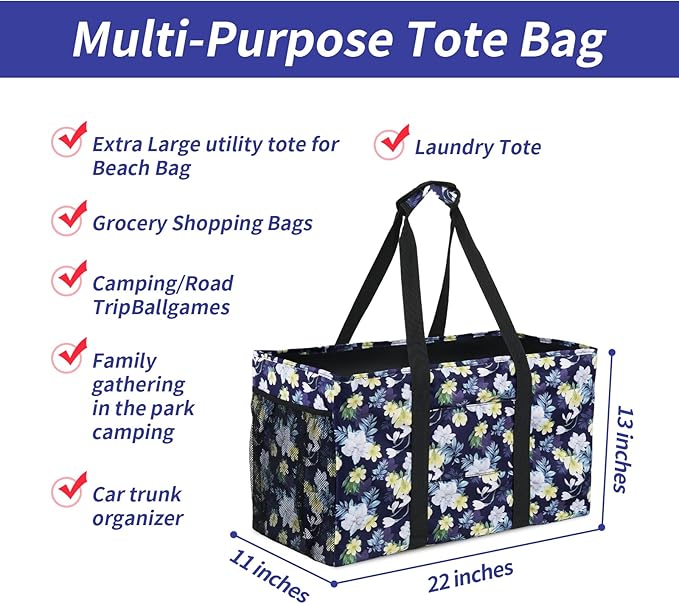 MHOMER Reusable Grocery Bags Extra Waterproof Large Tote Bag with Carrying Handles Reinforced Bottom Durable Oxford Fabric Foldable Shopping Bags for Storage Space Saving Dark Blue Flower