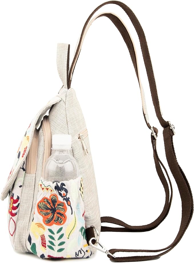 SILKAREA Vintage Embroidered Floral Ethnic Backpack for Women Handbag Shoulder Bag Mini Travel Purse (Embroidered White)