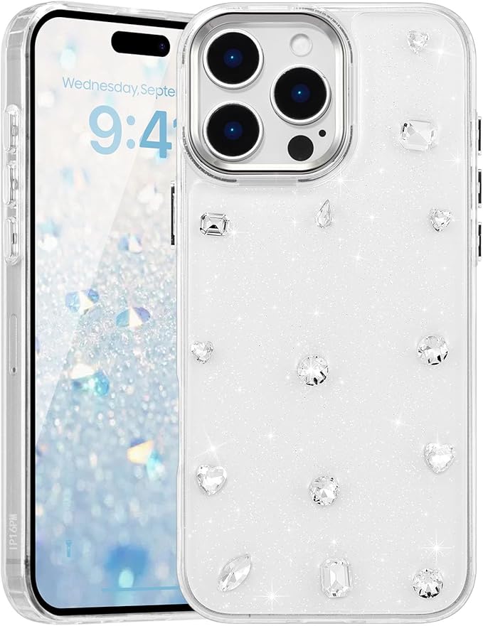 EYZUTAK Case for iPhone 16 Pro Max, Bling Glitter 3D Diamond Phone Case Cute Sparkly Crystal Clear Aesthetic Design Case Slim Soft Durable TPU Transparent Protective Cover for Women Girls - Crystal