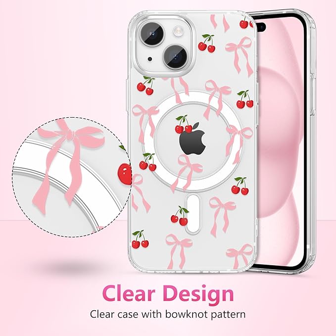ZTOFERA for iPhone 15 Magnetic Case Clear,Cute Love Heart Ribbon Bow Tie Aesthetic Phone Case,Transparent Trendy Slim Soft Shockproof Protective Phone Cover for Women Girls,Peach Pink