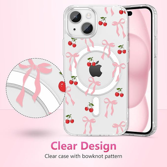ZTOFERA for iPhone 15 Magnetic Case Clear,Cute Love Heart Ribbon Bow Tie Aesthetic Phone Case,Transparent Trendy Slim Soft Shockproof Protective Phone Cover for Women Girls,Peach Pink