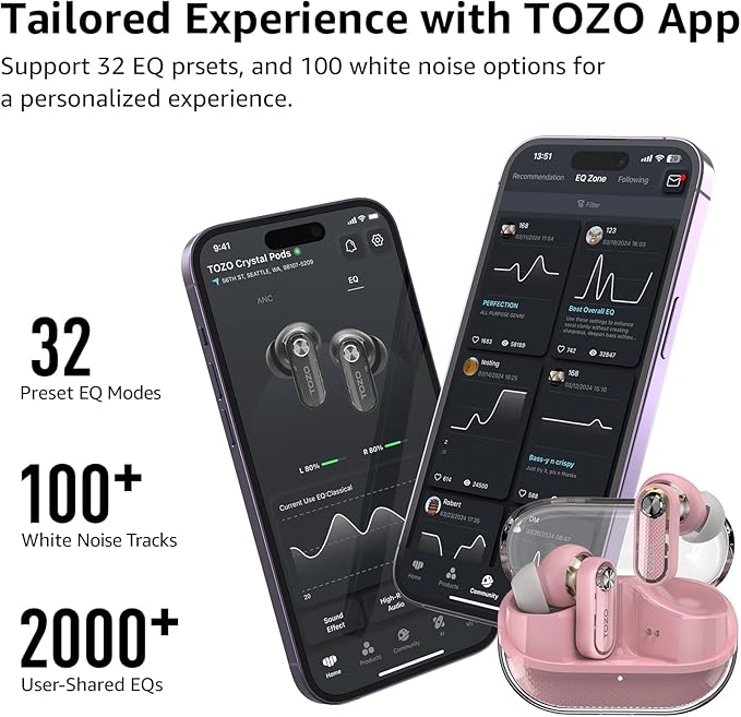 TOZO Crystal Pods Hybrid Active Noise Cancelling Wireless Earbuds, 10mm Drivers Deep Bass Stereo Sound, 4 Mics Smart ENC AI Calls, 32 EQ via App, Bluetooth 5.4 Headphones, Crystal Case Design