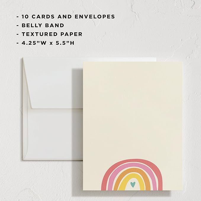 Minted Cheerful Stationery Set, Set of 10, Flat Note Cards & Envelopes for Invitiations and Handwritten Thank You Messages, Rainbow with Heart Accent, Gifts for Teachers, Luxurious Paper