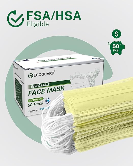 Disposable Face Masks Made in USA, 4 Ply for Families, Students, Breathable All-Day Wear & Safety, FSA HSA Eligible, ASTM Level 3 Medical Grade, 50 Pack, Light Yellow
