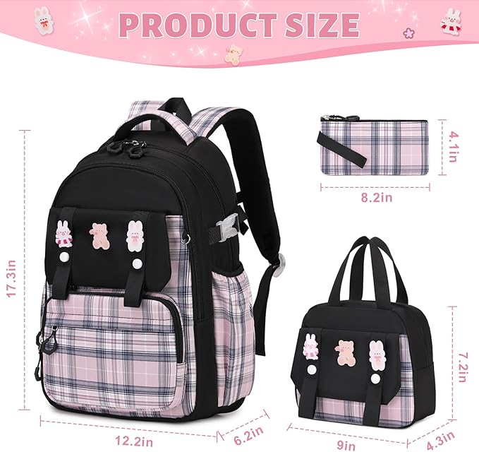 Backpack for Girls, Kids Girls Backpacks Set with Lunch Bag Pencil Case, Cute Bookbag Waterproof Backpack for Elementary Middle School, Black-Pink