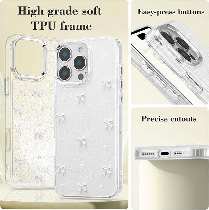 EYZUTAK Case for iPhone 17 Pro Max, Bling Glitter 3D Bowknot Phone Case Cute Sparkly Crystal Clear Bow Aesthetic Cover Slim Soft Durable TPU Transparent Protective Cover for Women Girls - White Bow