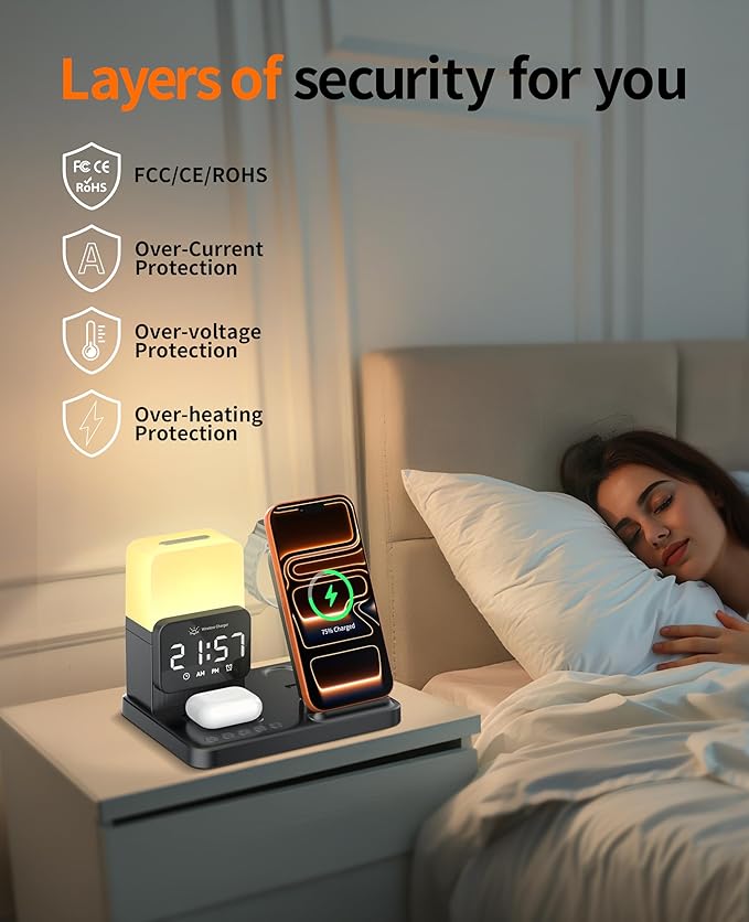 6-in-1 Wireless Charging Station, Charger Stand for Apple Multiple Devices, for iPhone 17 16 15 14 13 12 Pro Max Watch Airpods, Wireless Charger iPhone Charging Station with Night Light/Alarm Clock