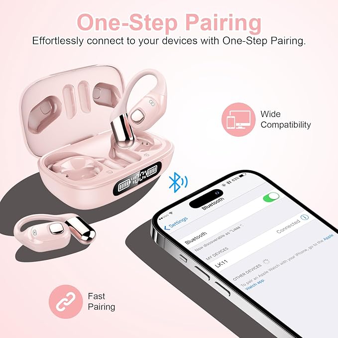 Open Ear Earbuds, Bluetooth 5.3 Wireless Air Conduction Headphones with Mic, LED Display Charging Case&Fast Charging, Ultra-Light Weight, 80H Playtime Earbuds for Work, Sports (Pink)