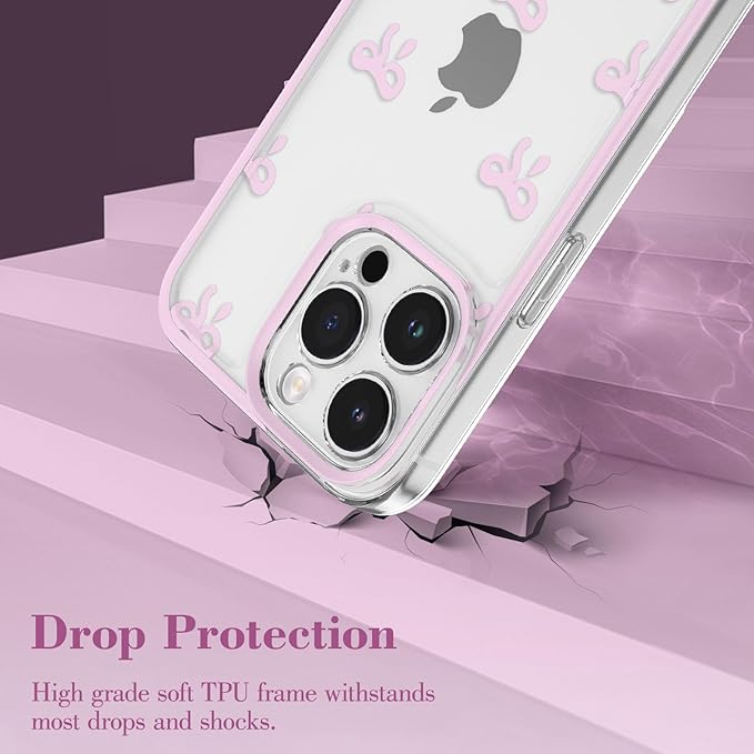 EYZUTAK Case for iPhone 14 Pro, Clear Cute Ribbon Bowknot Pattern Aesthetic Transparent Phone Case Raised Camera Protection Stylish Slim Soft Durable TPU Protective Cover for Women Girls - Pink
