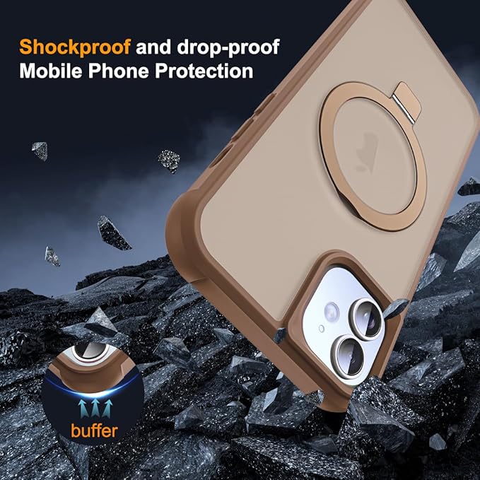 Compatible with iPhone 12 Case & iPhone 12 Pro Case with Invisible Magnetic O-Ring Stand Translucent Phone Cases 6.1" [Compatible with Mag-Safe][Great Grip Feeling],Desert Brown