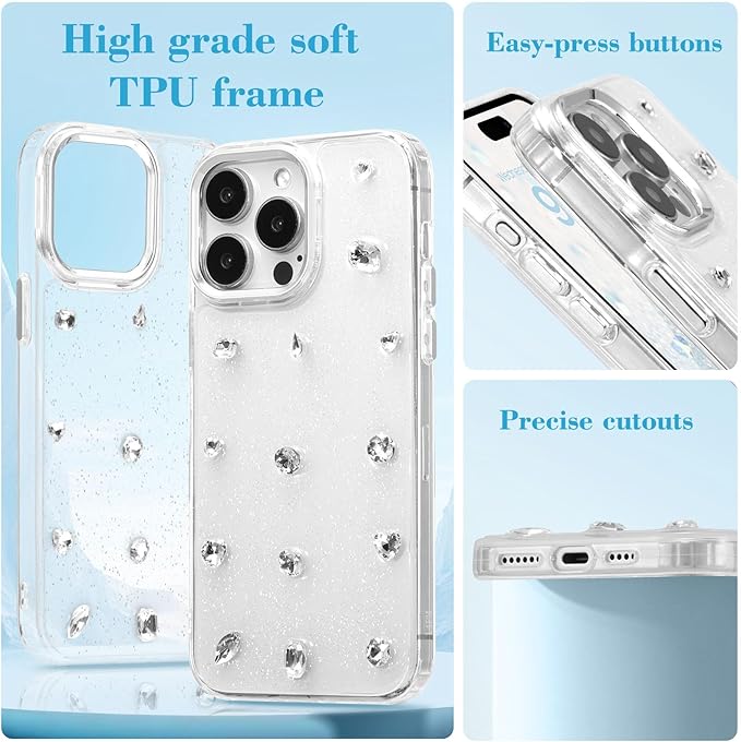 EYZUTAK Case for iPhone 14 Pro, Bling Glitter 3D Diamond Phone Case Cute Sparkly Crystal Clear Aesthetic Design Case Slim Soft Durable TPU Transparent Protective Cover for Women Girls - Crystal