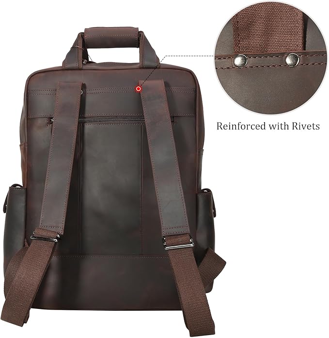 Polare Cowhide Leather Multiple Laptop Backpack Day pack Travel Bag Satchel with YKK Metal Zippers