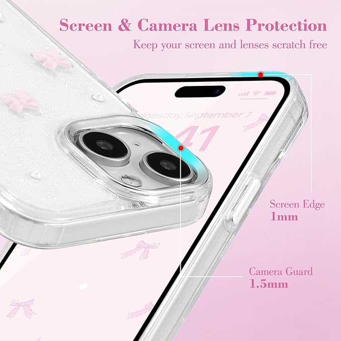 EYZUTAK Case for iPhone 15 Plus, Bling Glitter 3D Bowknot Phone Case Cute Sparkly Crystal Clear Bow Aesthetic Design Case Slim Soft Durable TPU Transparent Protective Cover for Women Girl - Pink Bow