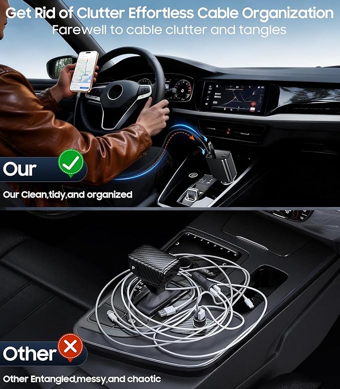 Temdan Retractable Car Charger, 4 in 1 Fast Charger USB C Car Truck Accessories, Travel Essentials Gifts for Women Men, Car Accessories for iPhone 17 Pro Max Air 16 15 14 13 Plus,Galaxy,Pixel-Black