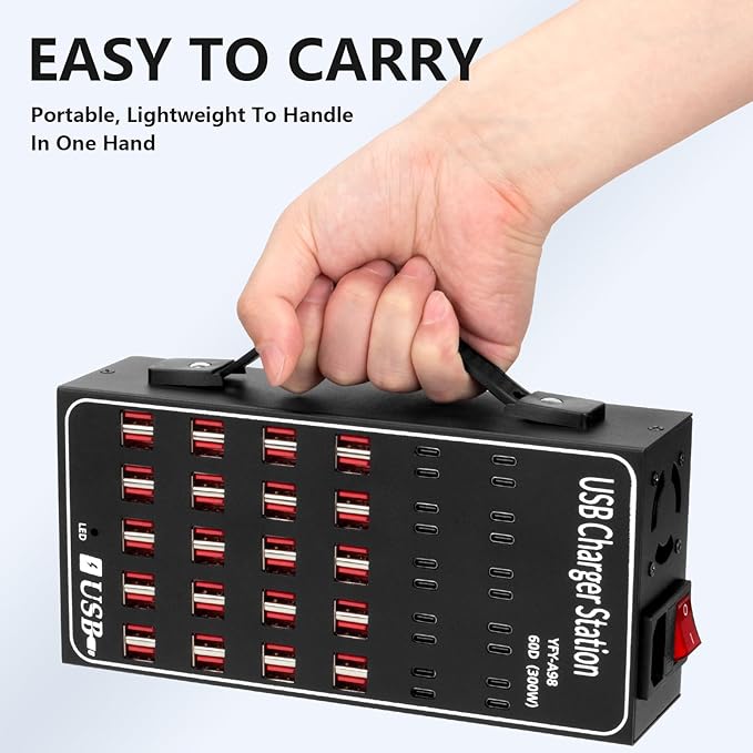 Multiple USB Charging Station, RUANSZZ 60 Port 300 Watt (60A) USB~C Charger Block with Power Switch, Multiple USB Desktop Charger Station, Suitable for Shops, Hotels, Schools, Shopping malls