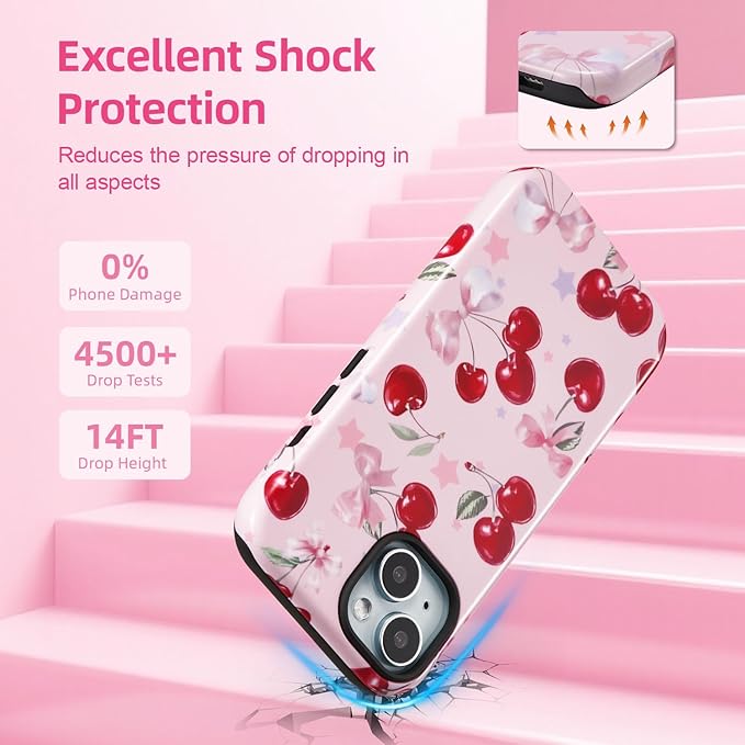 QLTYPRI Case for iPhone 13/14, Aesthetic Cute Pink Cherry Bow Phone Case for Girls Women, Protective Hybrid 2-Layer Hard Shell Silicone Cover Durable Shockproof Phone Cover - Pink