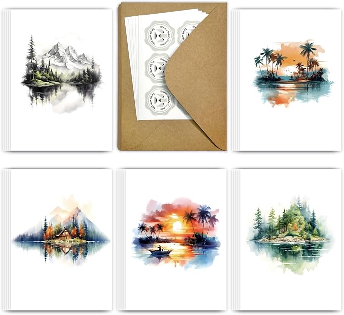 25 Watercolor Landscape Greeting Cards All Occasion Blank Note Cards with Envelopes (Landscape 5x5)