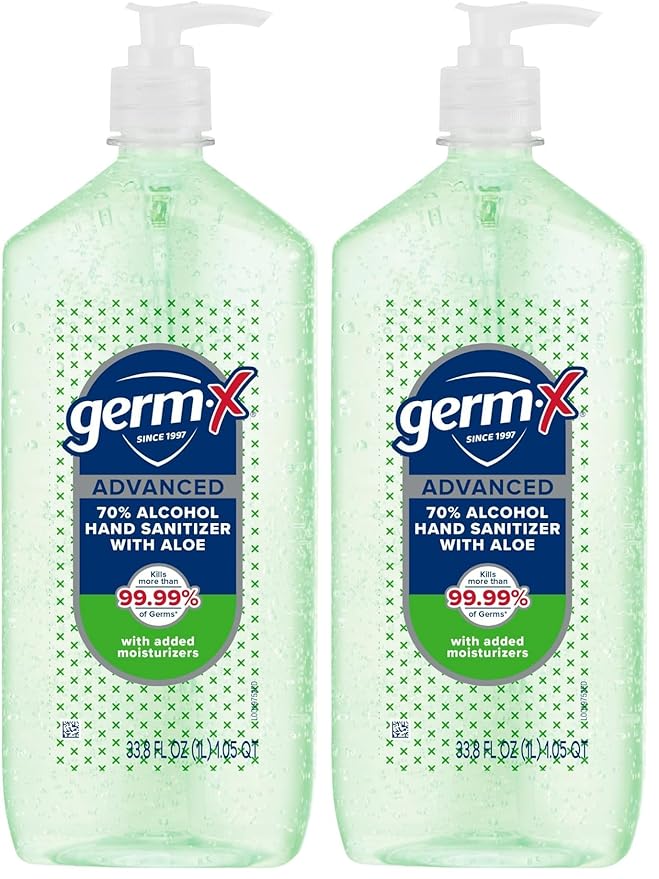 Germ-X Advanced Hand Sanitizer with Aloe and Vitamin E, Non-Drying Moisturizing Gel, Instant and No Rinse Formula, Pump Bottle, 1 Liter (Pack of 2)