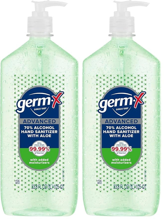 Germ-X Advanced Hand Sanitizer with Aloe and Vitamin E, Non-Drying Moisturizing Gel, Instant and No Rinse Formula, Pump Bottle, 1 Liter (Pack of 2)