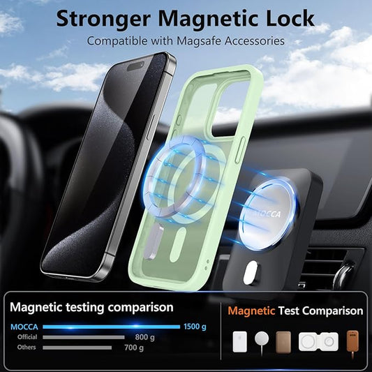 MOCCA Strong Magnetic for iPhone 15 Pro Case, [Compatible with Magsafe][13FT Military Drop Protection] Slim Translucent Matte Shockproof Case for iPhone 15 Pro Phone Case 6.1'', Light Green