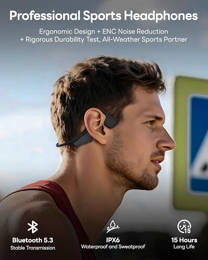 Bone Conduction Headphones, Open Ear Headphones Wireless Bluetooth, 15H Playtime, Dual Stereo Bass Technology, 27g Lightweight Wear, Call Noise Cancellation, IPX6 Waterpoof for Commuting, Walking