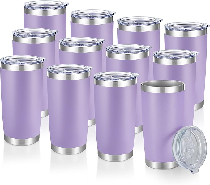 20 oz Tumblers Bulk Stainless Steel Tumbler with Lid Double Wall Vacuum Insulated Coffee Mug 20oz Powder Coated Cup for Hot and Cold Drinks, Purple, 12 pack