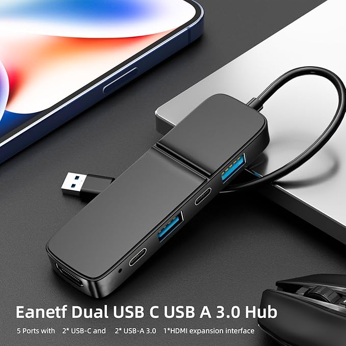 USB to HDMI Adapter, Eanetf Dual USB C USB A 3.0 Hub: 5 Ports with 2* USB-C and 2* USB-A and 1* HDMI Extend for TV,DVD Player,Projector,Monitor,Laptop,PS4,Flash Drive, HDD,Xbox, Printer etc - 5 in 1