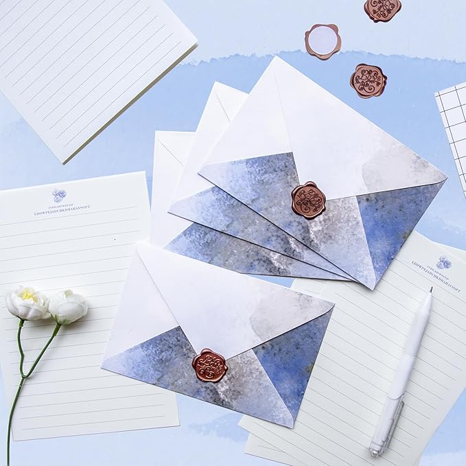 Tuhangcc Stationary Paper Set Minimalism - Hand Blended Colors,12 Envelopes (4x6 in) & 24 Lined Paper for Wedding Love Letters, Invitations, Anniversaries (Lake Blue - Grey)