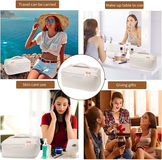 Travel Makeup Bag, Large Capacity Cosmetic Organizer Bags for Women, Waterproof PU Leather Toiletry Bags, Wide Open Flat Makeup Case with Divider and Handle