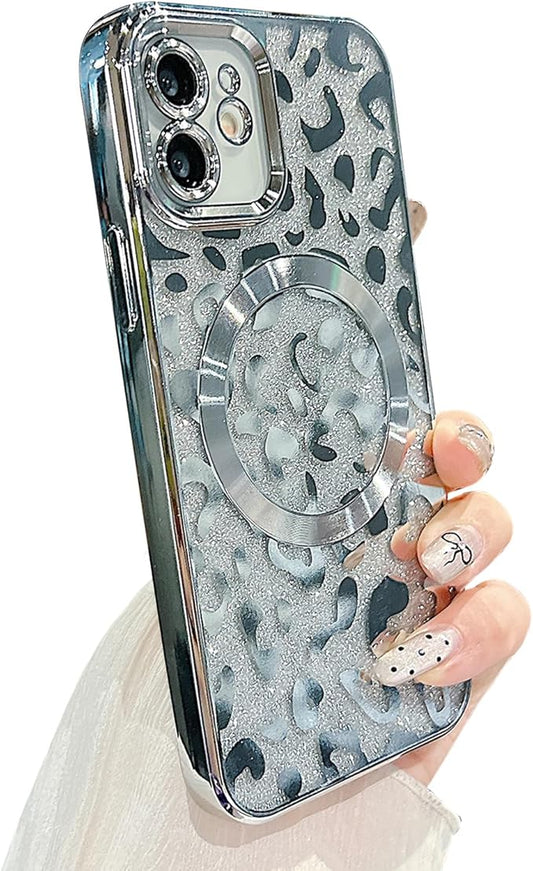 for iPhone 12 Case Magnetic,Soft Cute Luxury Leopard Cheetah Pattern Plating Glitter Bling Phone Case Compatible with MagSafe Clear Shockproof Back Cover for Women Girl 6.1"-Silver