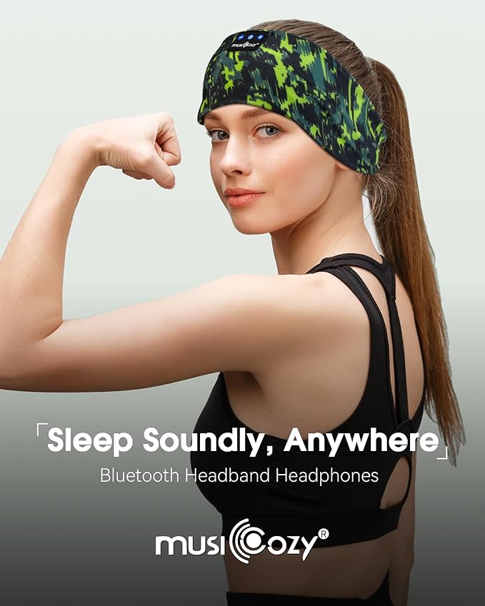 MUSICOZY Sleep Headphones Bluetooth Headband 5.4 Wireless Headband Headphones for Sleeping for Side Sleeper with Ultra-Thin HD Stero Speaker for Workout (Sketch Green)