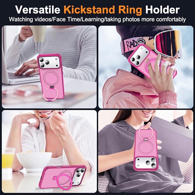 Compatible with iPhone 17 Pro Max Case with Invisible Magnetic O-Ring Stand Military-Grade Translucent Case for iPhone 17 ProMax 6.9" [Compatible with Mag-Safe][Great Grip Feeling], Rose