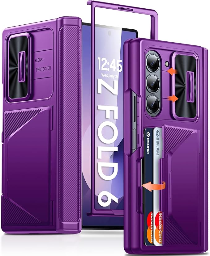 for Samsung Galaxy Z Fold 6 Case with Card Holder, Built in RFID Blocking & Slide Camera Cover & Hinge Protection & Full-Body Rugged Shockproof Wallet Case for Galaxy Z fold 6,Purple