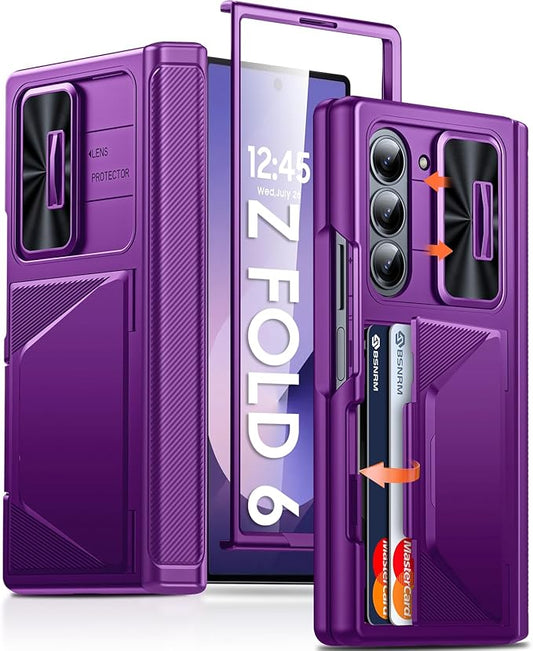 for Samsung Galaxy Z Fold 6 Case with Card Holder, Built in RFID Blocking & Slide Camera Cover & Hinge Protection & Full-Body Rugged Shockproof Wallet Case for Galaxy Z fold 6,Purple