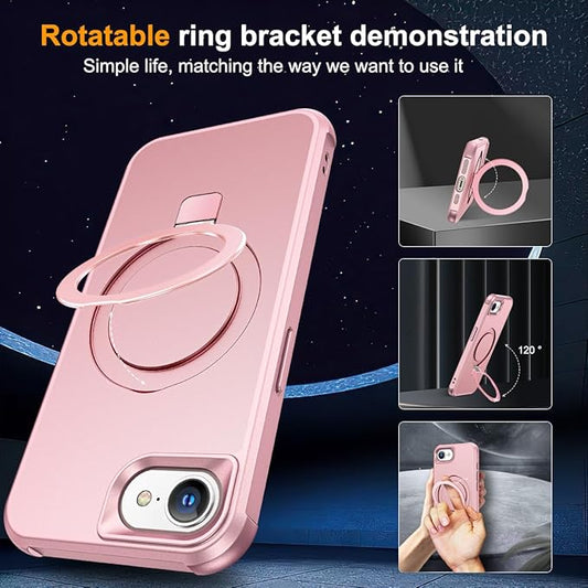 Compatible with iPhone 16E Case with Invisible Magnetic O-Ring Stand Military-Grade Case for iPhone 16E 6.1" 2025 [Compatible with Mag-Safe][Great Grip Feeling], Rose Gold