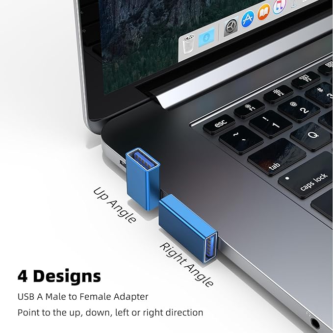 AreMe 90 Degree USB 3.0 Adapter 4 Pack, Up and Down Angle, Left and Right Angle USB A Male to Female Converter Extender for PC, Laptop, USB A Charger, Power Bank and More (Blue)