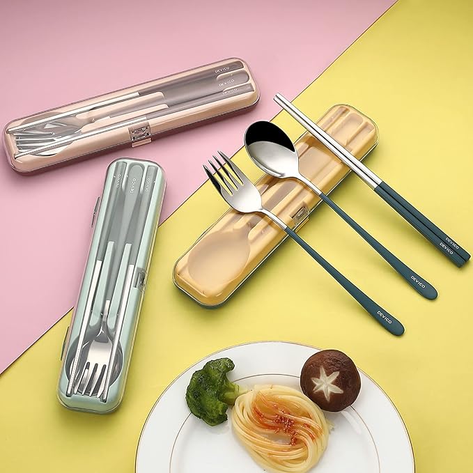 DEVICO Portable Utensils, Travel Reusable Silverware Flatware Set for Lunch, 18/8 Stainless Steel 4-Piece Camping Cutlery Include Fork Spoon Chopsticks with Case (Blue)