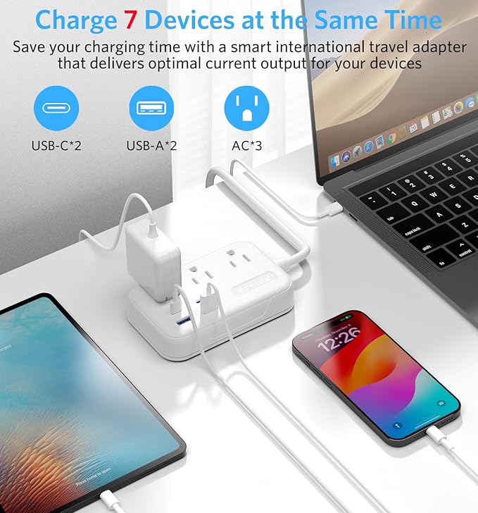 BESTEK European Travel Plug Adapter: UK Travel Plug Adapter- US to UK Europe Travel Power Strip with 20W USB C Charger - 3 AC Outlets, 4 USB Ports (White)