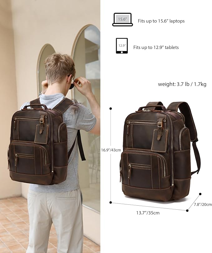 LANNSYNE Vintage Genuine Leather Backpack for men, 15.6" Laptop Backpack Travel Camping 24L Rucksack